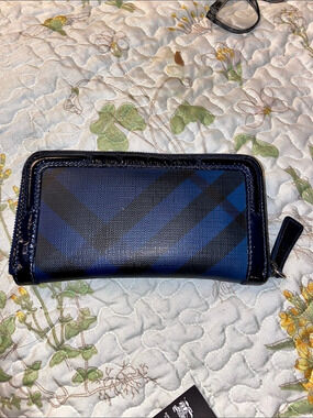 Burberry Patent Check Embossed Large Zip Around Wallet Blue & Black